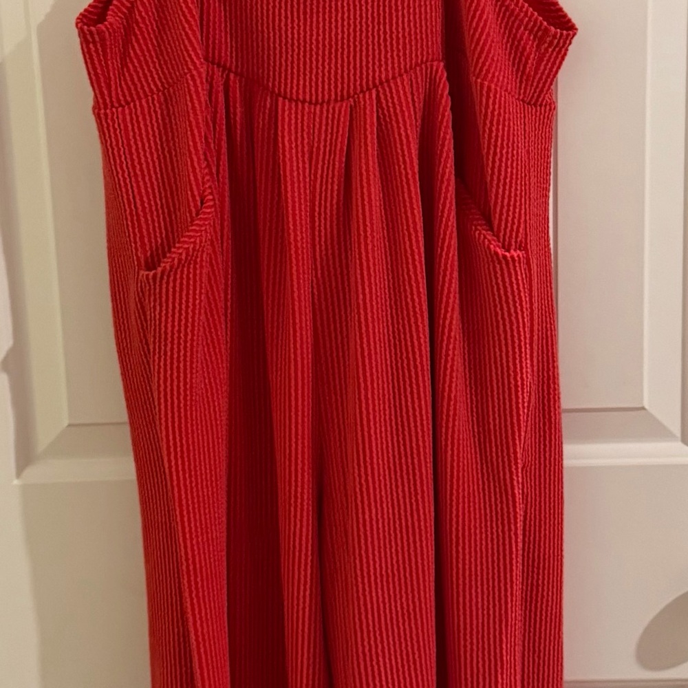 Red Ribbed Overalls with Button Accents - Picture 2 of 2